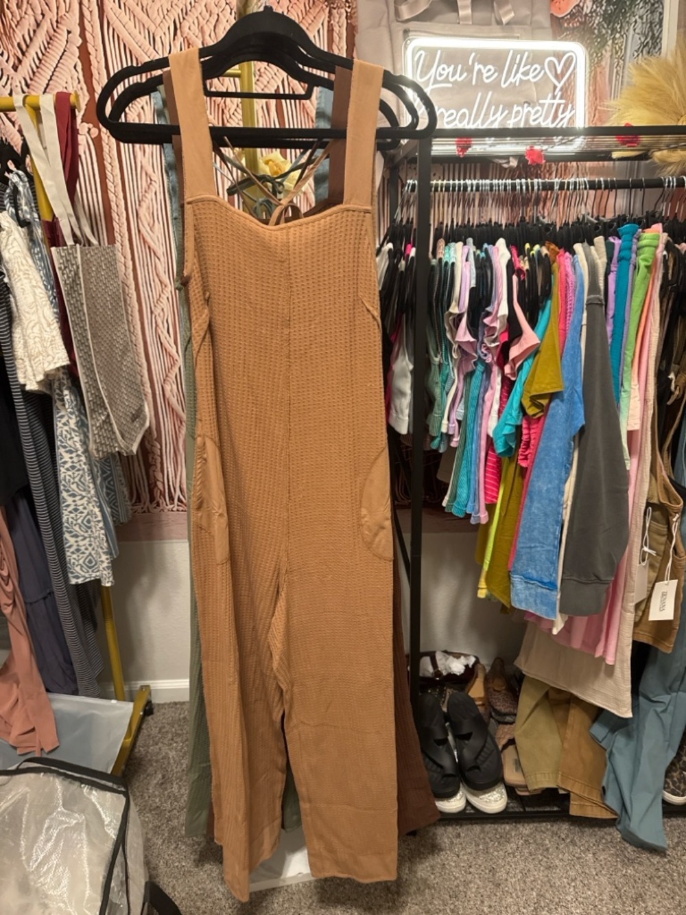 Zenana Wide-Leg Ribbed waffle knit Jumpsuit in Camel